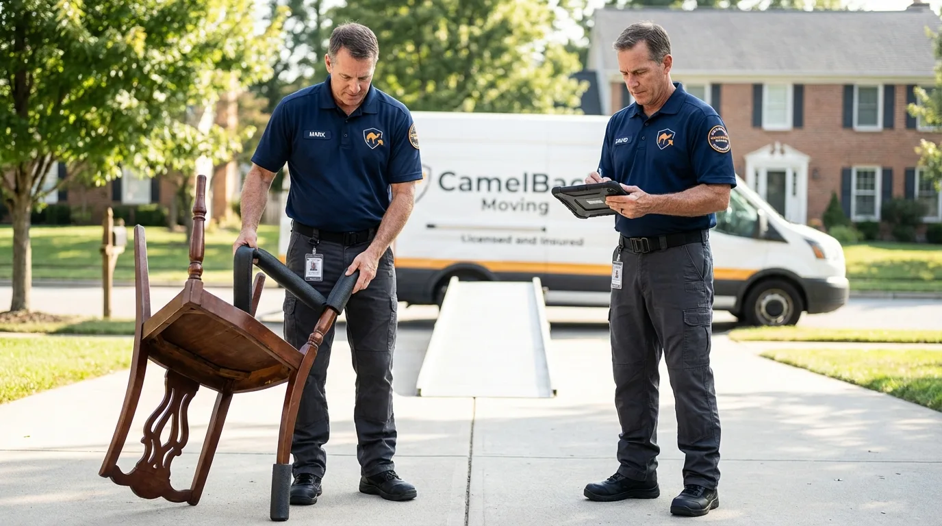Movers inspecting furniture for damage prevention before loading in Marysville, PA