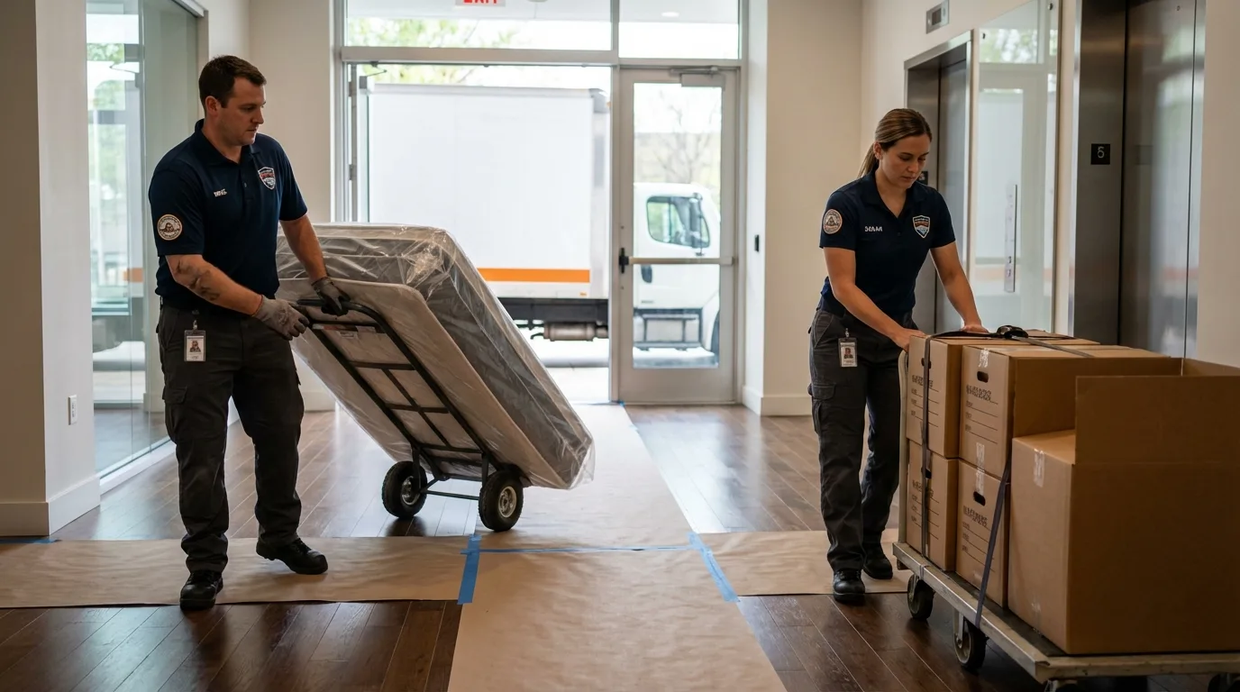 Professional apartment movers loading elevator in Marysville, PA