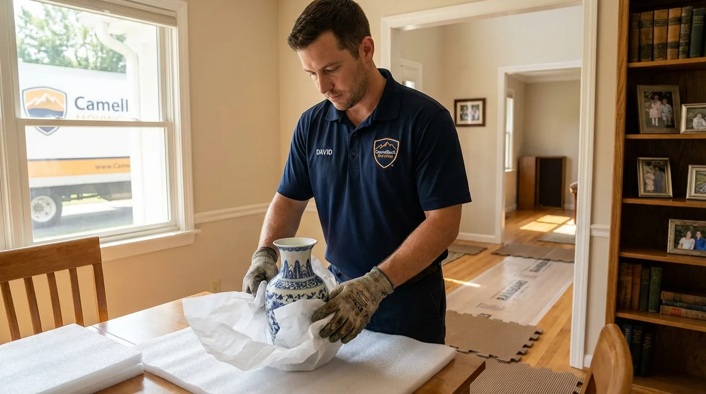 Professional crew carefully wrapping antique vase for senior downsizing move in Marysville, PA